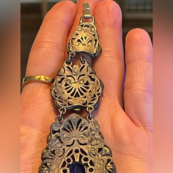 Vintage Art Nouveau Czech (Austrian?) Cobalt Blue Glass Stone Filigree Bracelet - Picture 8 of 10